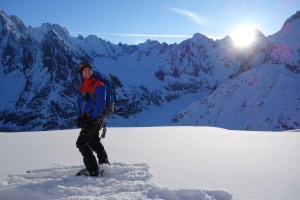 Finn McCann at the base of the Dent du Requin with the Aiguille Verte, Les Droites and Les Courtes behind me.
