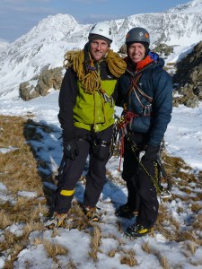 Happy chappies at the top of one of UK's best ice lines.