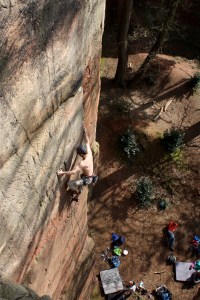 Finn McCann cliimbing Marlene Direct E7 6c, at Nesscliffe.