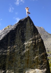 Finn McCann in Lotus position at the Lotus Flower Tower base camp