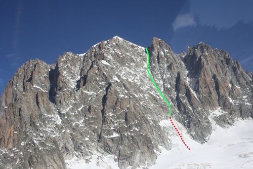 Photo of the Whymper Couloir with Niall's fall shown in red