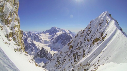 The Grand Rocheuse on the left and the Aiguille Verte on the right with Mont Blanc in the distance