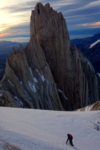 At the base of the headwall at sunrise. The Aguja Poincenot in the background